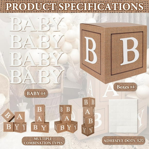 Keencopper Burlap Print AJH3Baby Boxes with Letters for Baby Shower, 4pcs Rustic Theme Boho Balloon Boxes Blocks Gender Neutral Baby Shower Decorations for Birthday Gender Reveal Backdrop