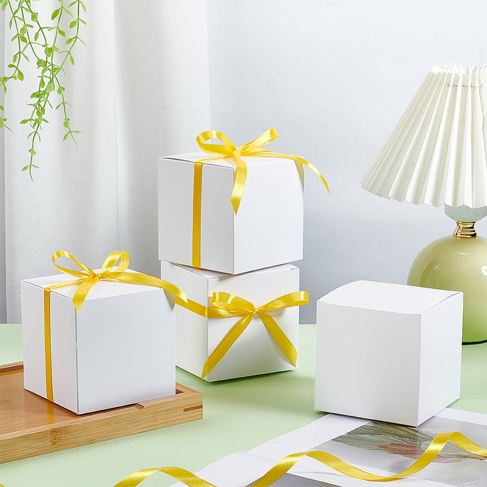 1set 1Roll Single Face Satin Ribbon Polyester Ribbon for Gift Wrapping with 50pcs Cardboard Paper Packaging boxes golden 3/8 inch(10mm) about 24.06 Yards(22m)/set