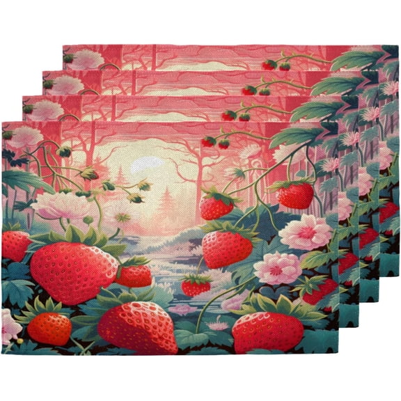 Strawberry Placemats Set of 6,12x18 Inch Heat Resistant Non-Slip Table Mats for Dining Table, Washable Place Mats for Wedding, Party, Home Decor