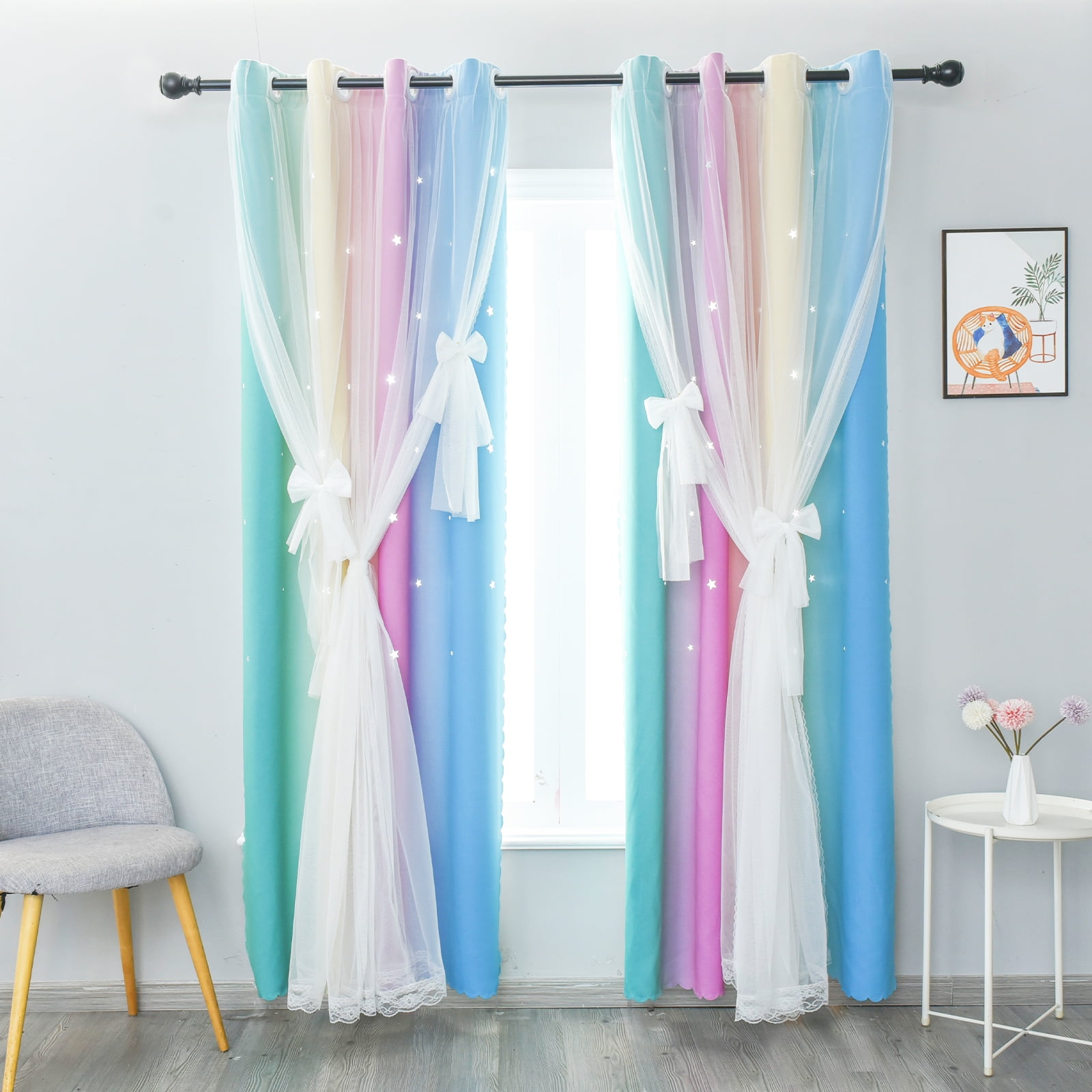DONGPAI Blackout Stars Curtains for Kids Girls Bedroom Double Layers Star Cut Out Rainbow Curtains Home Window Decoration Curtain, 51" x 84", 1 Panel