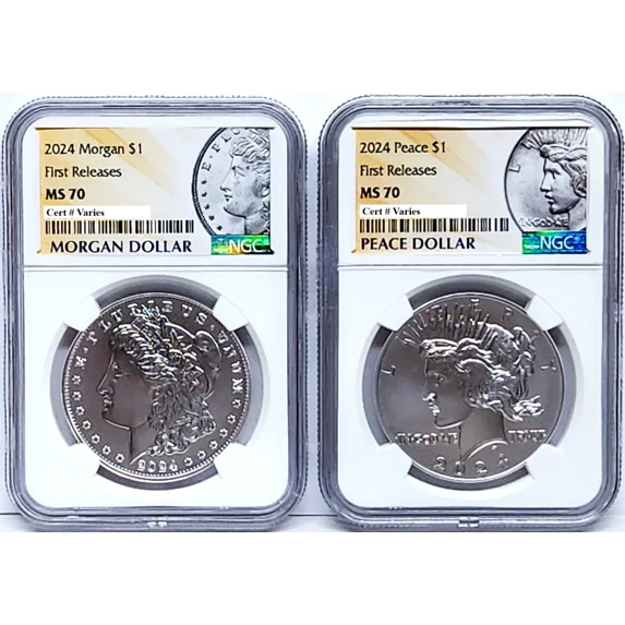 US Mint, 2 Coin Set 2024 Morgan and Peace Silver Dollars, NGC MS 70 ...