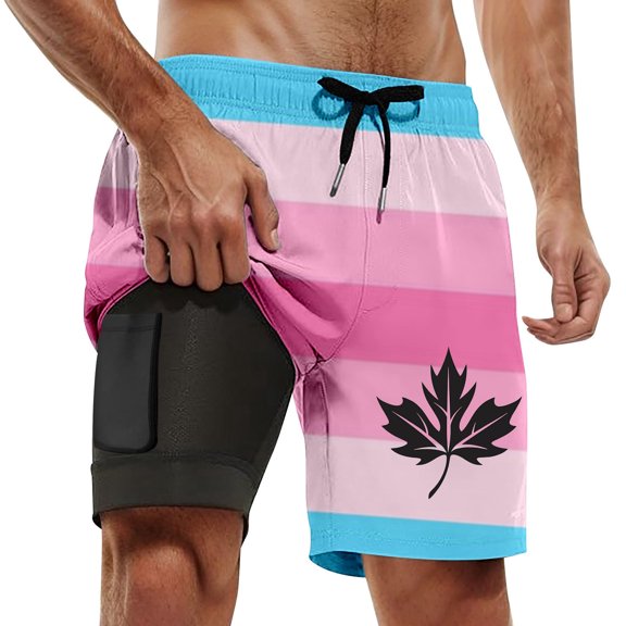 ibiyuan Swim Trunks Men with Mesh Lining Quick Dry Bathing Suit 2 In 1 Cargo Pocket Pool Shorts Zipper Pockets Stretch Printed Beach Swimwear,4-Pink