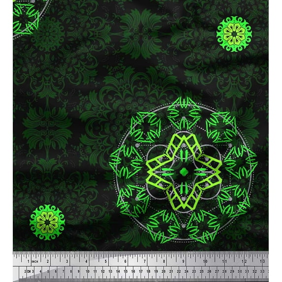 Soimoi Moss Georgette Fabric Sacred Geometry & Filigree Damask Print Fabric by the Yard 42 Inch Wide