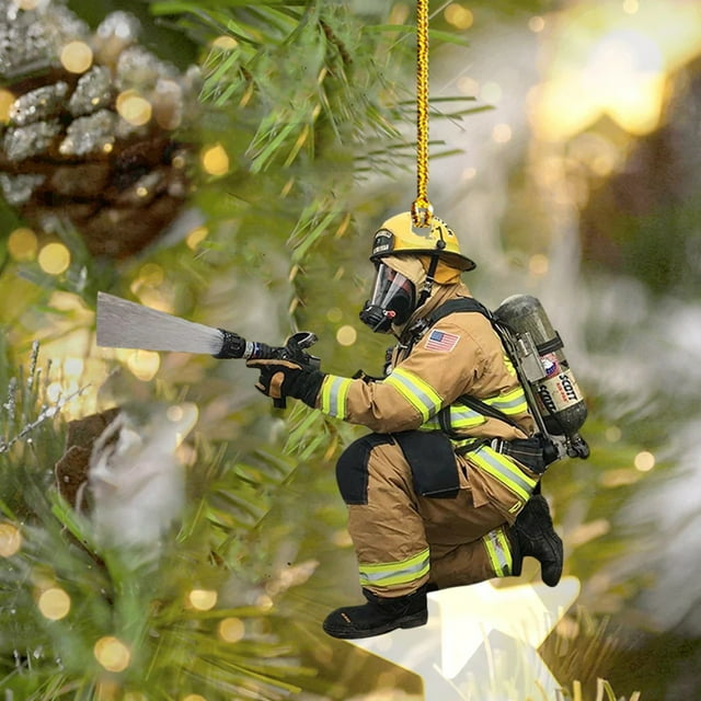 Fiudx Adorno Navideño de Bombero, Diseño Acrílico Personalizado, Papá Noel Bombero Pintado a Mano, Decoración Única para Árbol de Navidad, Colgante Navideño Versátil, Regalo para Fiestas, 1 Pieza