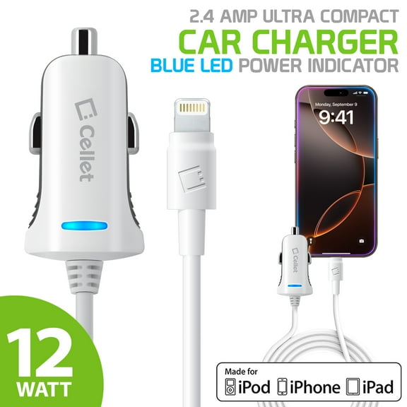 Cellet 2.4Amp Ultra Compact Car Charger with 4ft Lightning Cable – Fast Charging for iPhone, iPad, and iPod – Apple MFi Certified – Blue LED Power Indicator