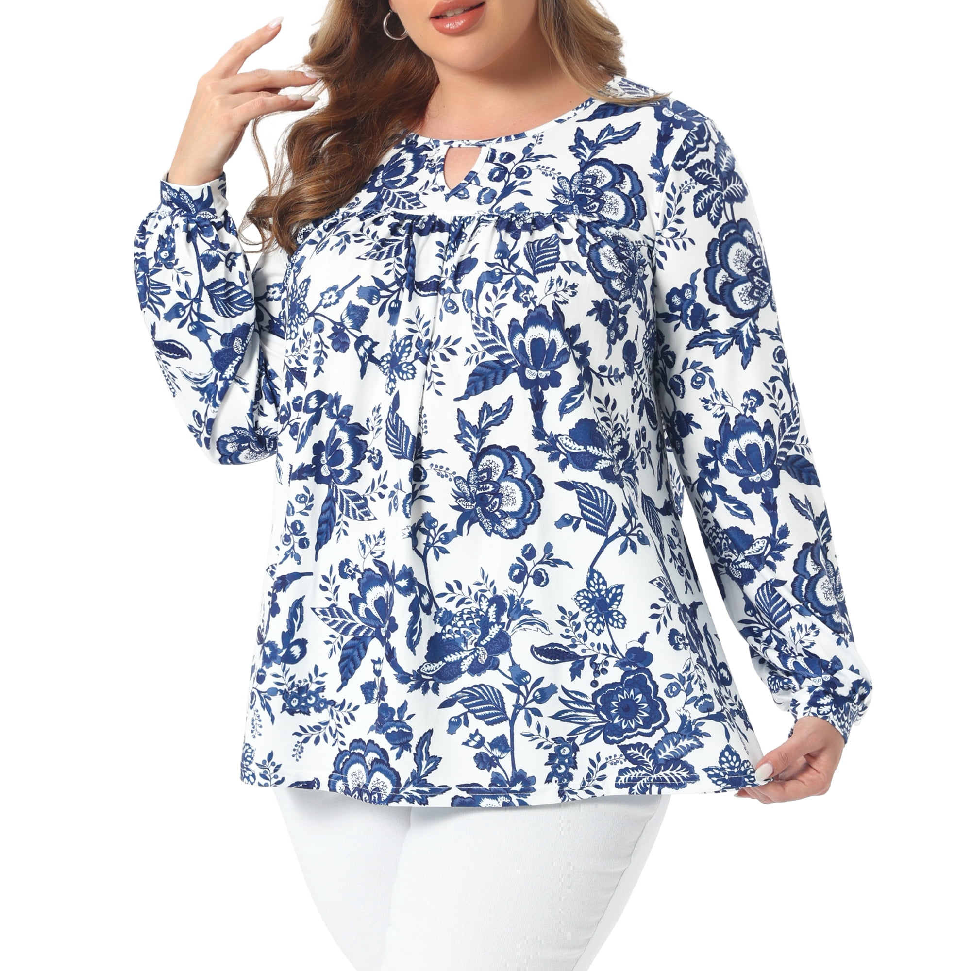 DARING DIVA Women's Plus V Neck Keyhole Pleated Floral Blouse 1X Blue