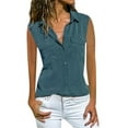 thumbnail image 1 of MSJUHEG Chandail en Molleton pour Femmes Chemises Femmes Décontracté Uni Sans Manches Col Rabattu Poches Bouton devant Chemise Hauts Chandail en Molleton Femmes Bleu S, 1 of 7