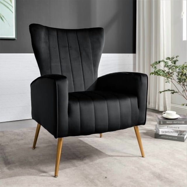 Silla de acento de terciopelo con patas de metal, sillón tapizado moderno, silla lateral de espalda para salón dormitorio pequeños espacios