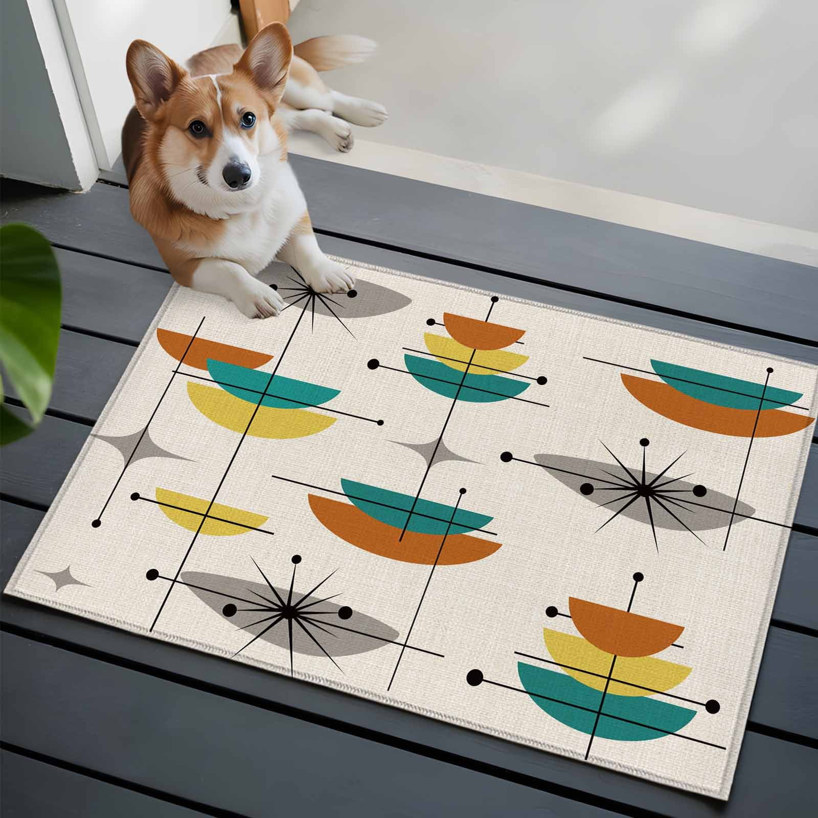 Boho Modern Area Rugs 2x3 for Living Room, Middle Century Teal Yellow Orange Geometric Non Slip Washable Rug Runner, Low Pile Indoor Floor Carpet Mat Bathroom Rugs for Bedroom, Kids Room