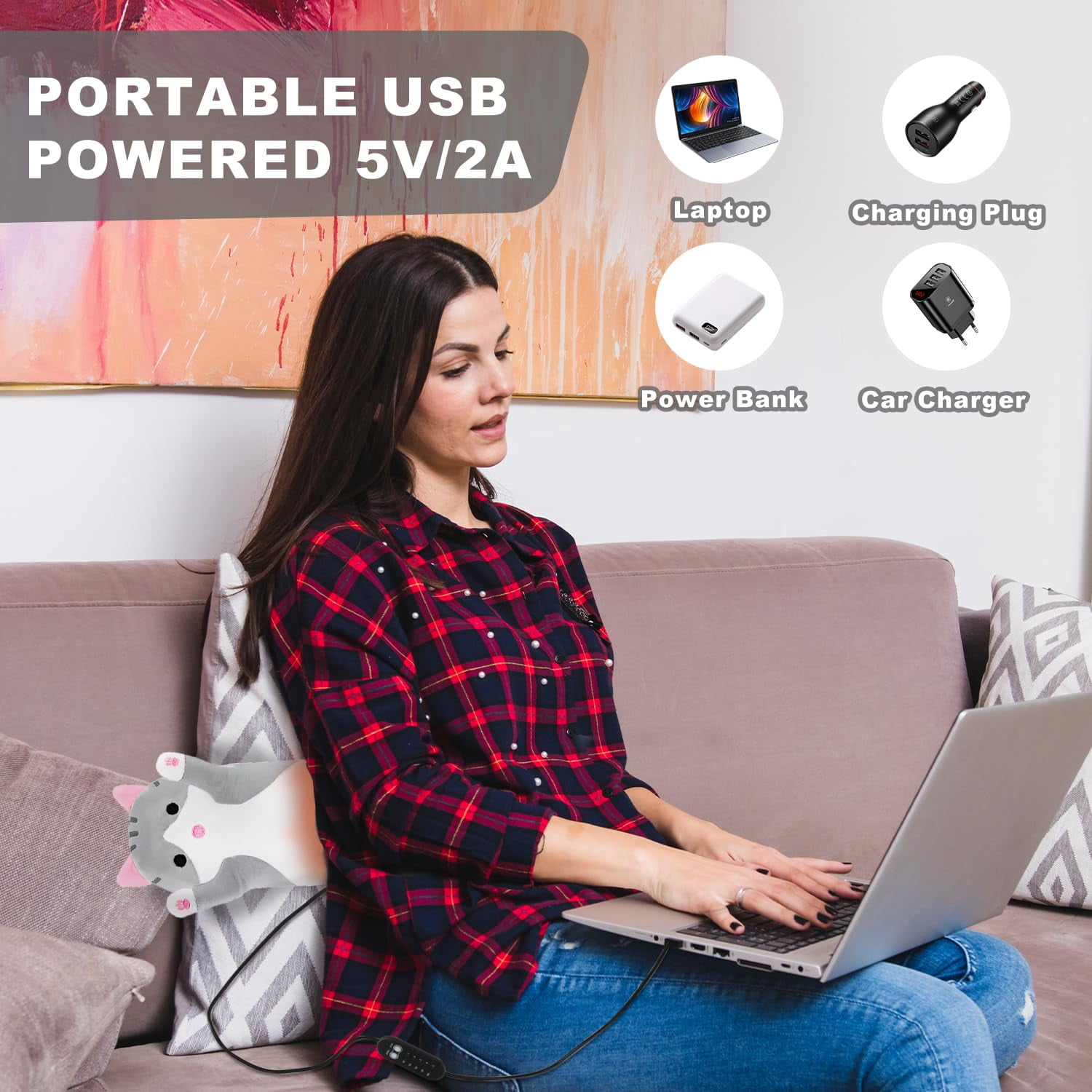 Heating Pad for Neck Shoulder Pain Relief, Portable Cuddly 19.7" Plush Cat with a Hot Soft Belly USB Powered, Gift for Daughter Girlfriend Wife (Grey)