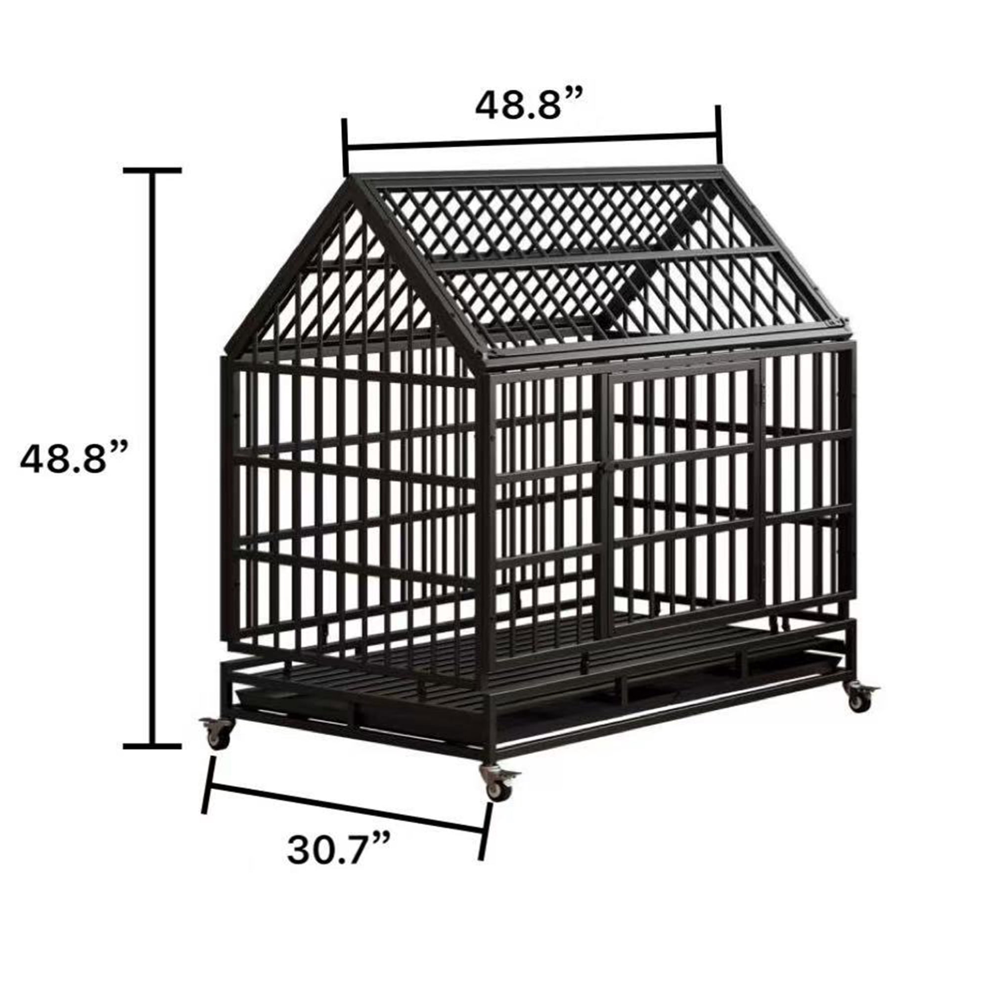 Pefilos 48" Heavy Duty Dog Cage with Wheels, Folding Metal Kennel and Crate for Medium and Large Dogs, Pet Playpen with Pointed Roof and Removable Tray, Black