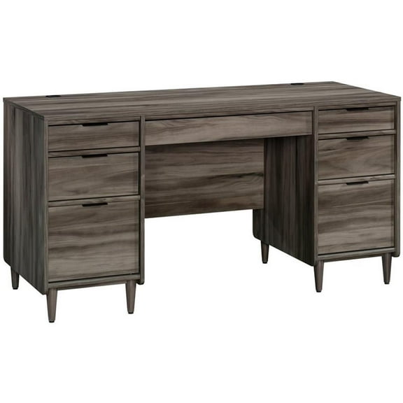 Pemberly Row Engineered Wood Executive Desk in Jet Acacia/Dark Wood