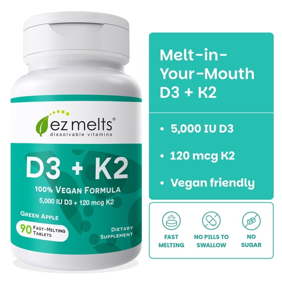 EZ Melts Dissolvable Vegan Vitamin D3 & K2 5,000 IU - Immune, Bone & Heart Health Support - Non-GMO - Green Apple - 90 Dissolvable Tablets