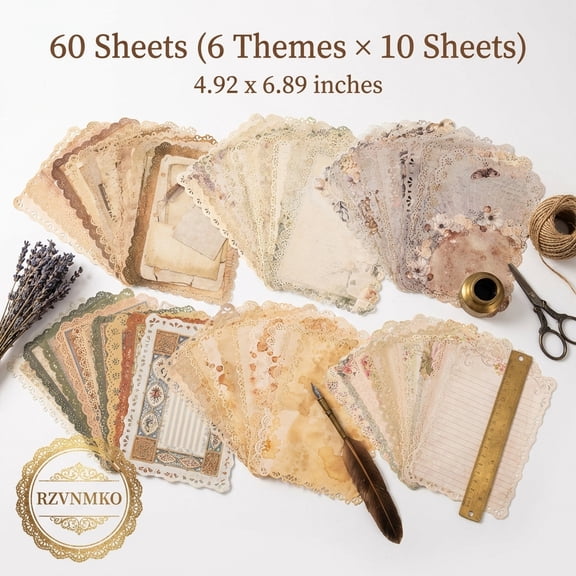 60 Sheets Lace Edged Scrapbook Stationery Paper Set Vintage Multi Color Background Stationery Paper for Letter Writing Journal Supplies