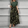 thumbnail image 5 of Women’s Short Sleeve Maxi Dress with Black Top and Pink Leaf Print Skirt, Elegant Casual Summer Dress for Ladies Army Green L, 5 of 6