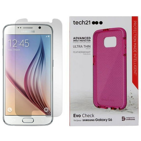 Case/Screen Protector for Galaxy S6, Tech21 Pink Evo Check [ANTI-SHOCK] Cover   PureGear Tempered Glass Screen Guard for Samsung Galaxy S6 (SM-G920)