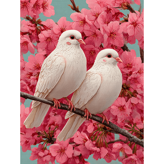 Cherry Blossom Romantic Dove Canvas Art, Whimsical Pink White Print, Bedroom Living Room Decor