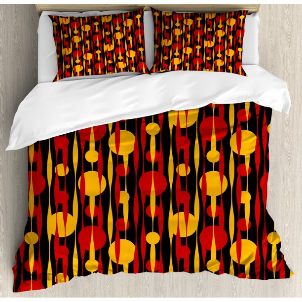 Abstract Duvet Cover Set, Circles Funky 70's Style Motifs in Warm Tones Pattern, Decorative