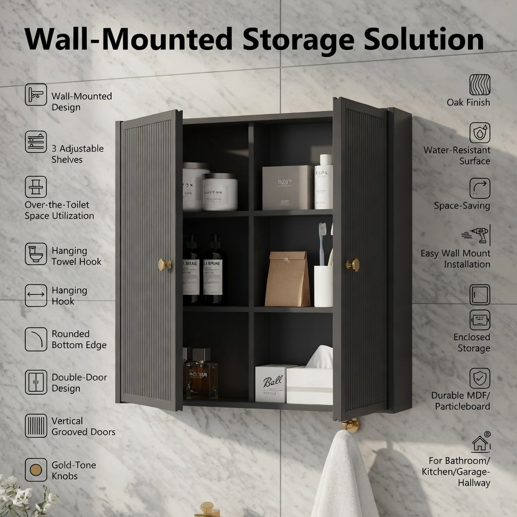 Hommoo Modern LED Bathroom Medicine Cabinet with Anti-Fog Mirror & Soft White Lighting, Wall-Mounted Aluminum Two-Door Storage Mirror, Black