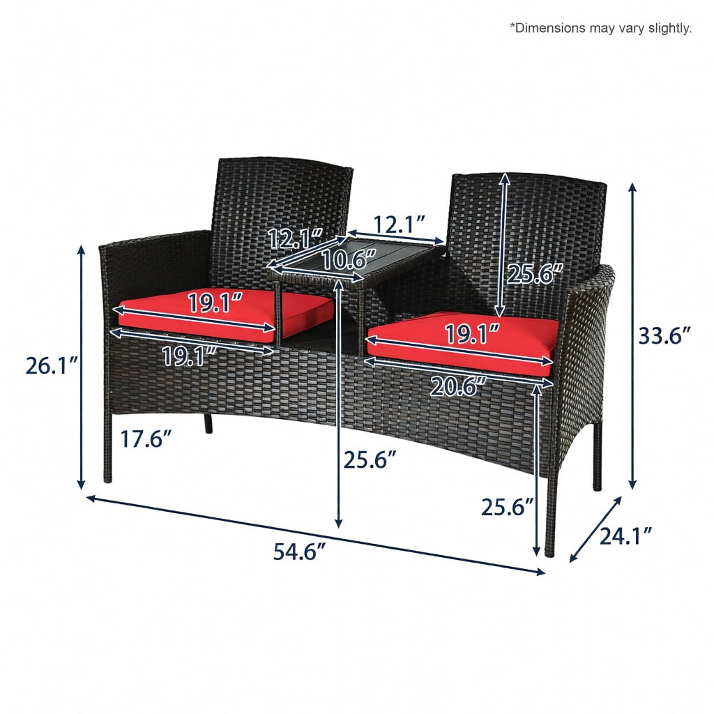 Hommoo Modern Outdoor Patio Conversation Set with Built-in Trapezoid Coffee Table & Removable Cushions, Brown Rattan, Red