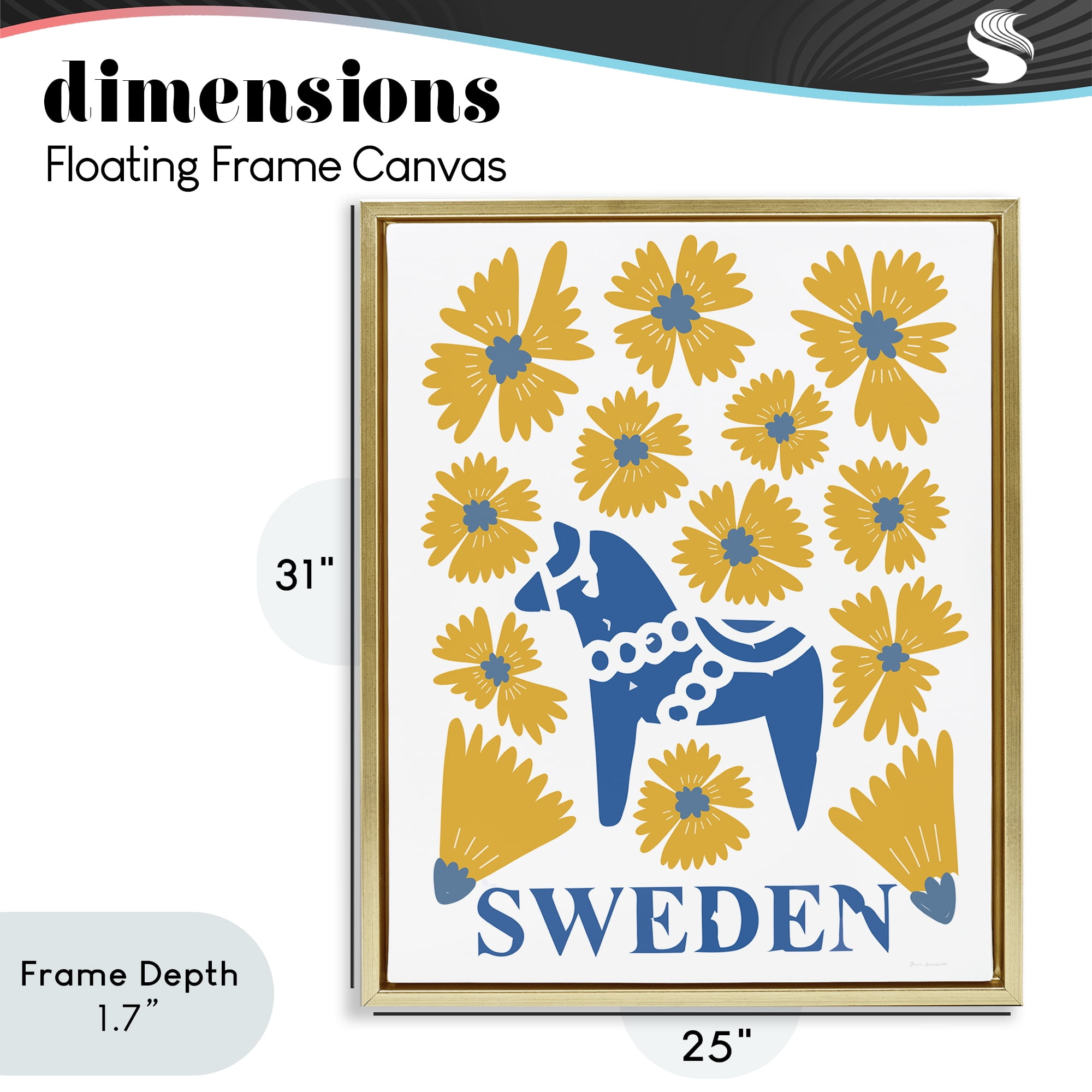 Stupell Industries Swedish Folk Flowers Gold Framed Floater Canvas Wall Art, design by Omar Escalante