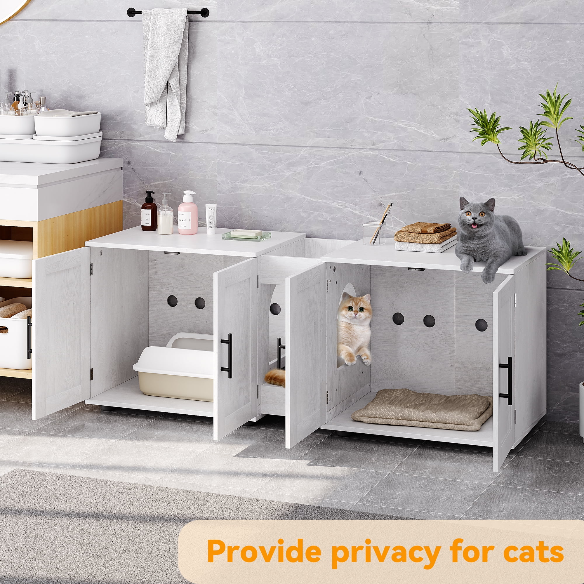 M optimized Litter Box Enclosure for 2 Cats, Cat Hidden Litter Box Enclosure Furniture with Double Room, Wooden Enclosed Cat Litter Box Furniture