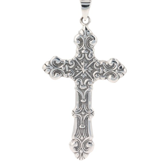 Jewelry Trends Sterling Silver Large Ornamental Gothic Cross Pendant on Box Chai