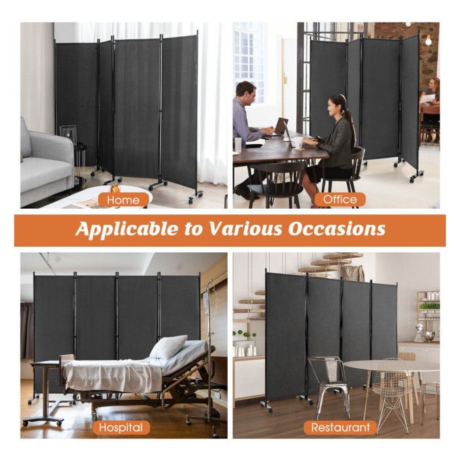 Yunken 4-Panel Room Divider with Locking Casters, 5.6 Ft Steel Frame Folding Screen for Bedroom & Office Use