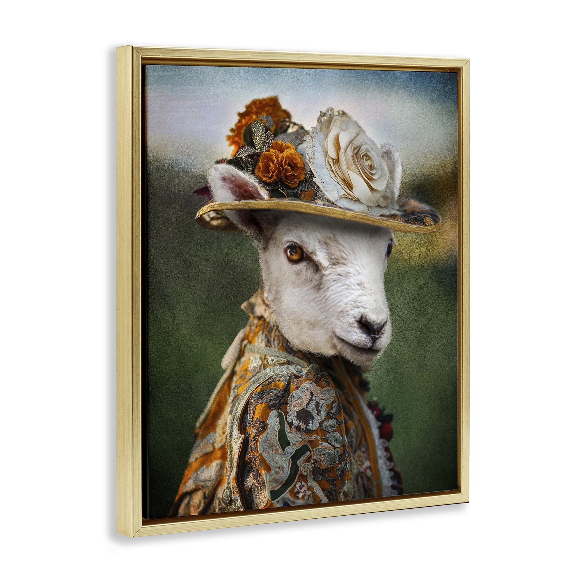Stupell Industries Fashionable Sheep Portrait Animals & Insects Painting Gold Floater Framed Canvas Art Print Wall Art, 17 x 21