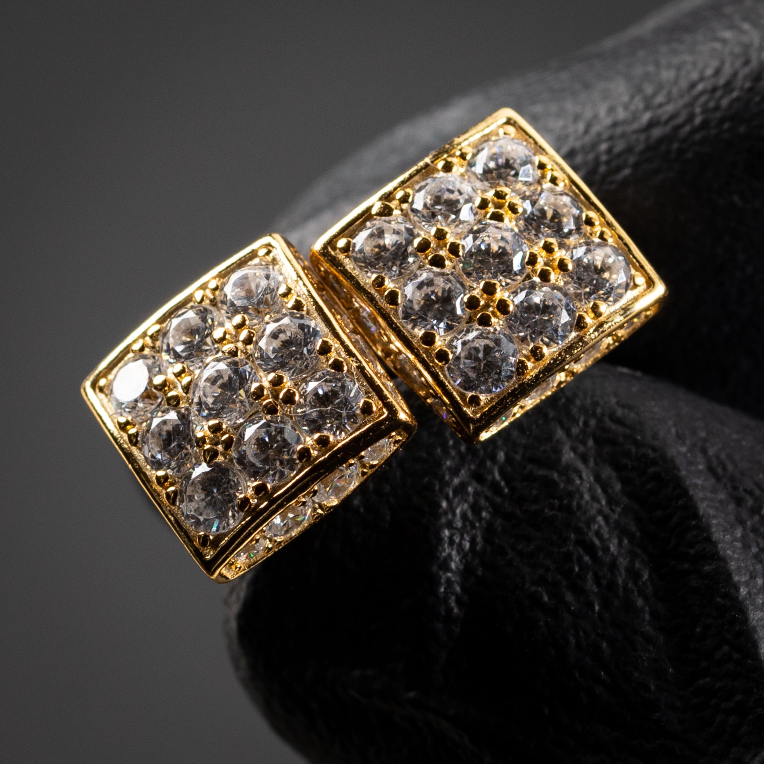 Men's Square Pointer Hip Hop Gold Plated 925 Sterling Silver Iced Screw Back Earrings
