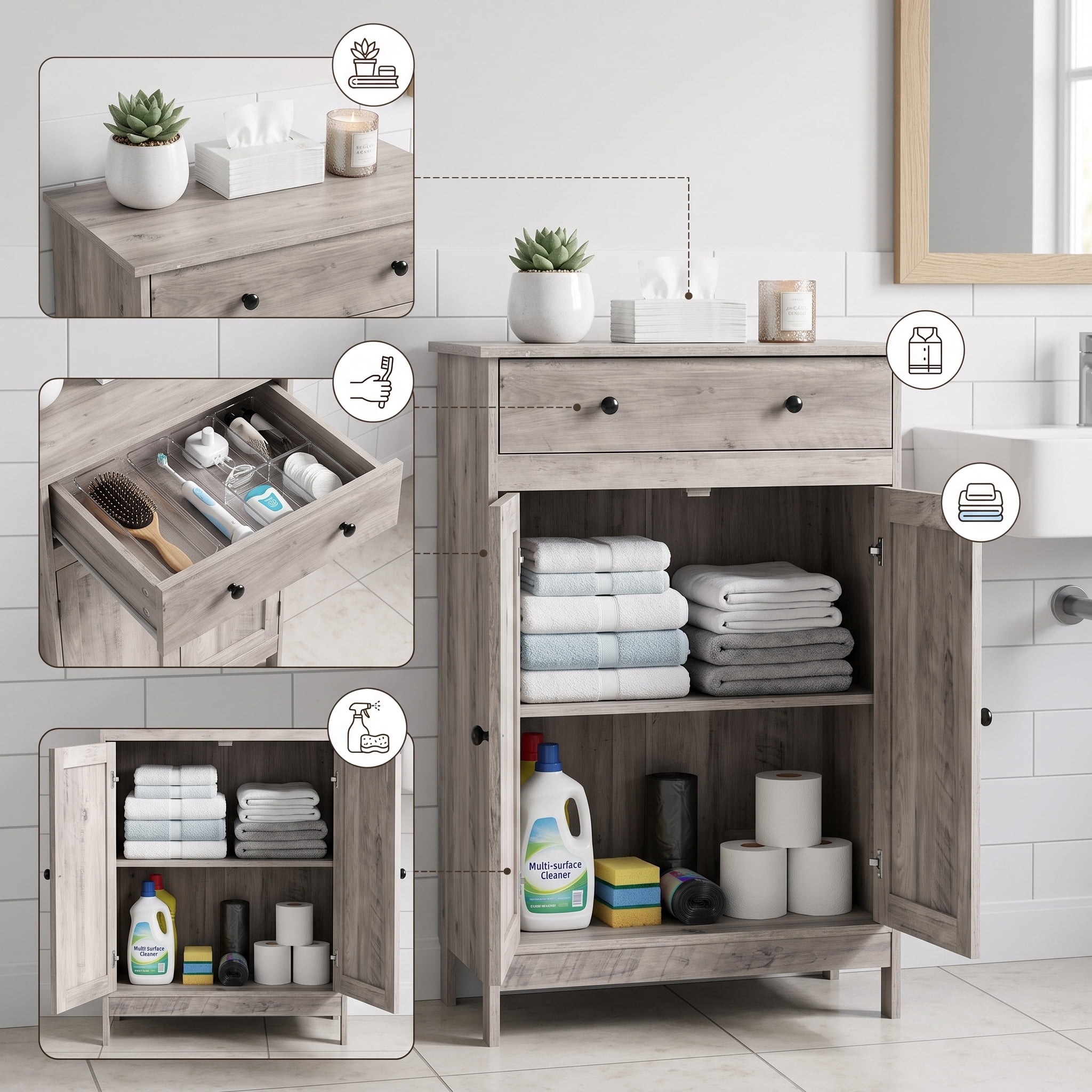 Elegant Washed Grey Bathroom Storage Cabinet Double Door Single Drawer Triple Melamine Laminate Particle Board for Bathroom Powder Room Apartment Vanity Side