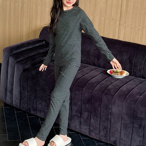 Conjuntos de blusas y camisas de cuello redondo y manga larga para niños, ropa de dormir de cuello redondo, conjunto de manga larga lisa, pantalones largos, ropa de hogar gruesa, prendas de poliéster