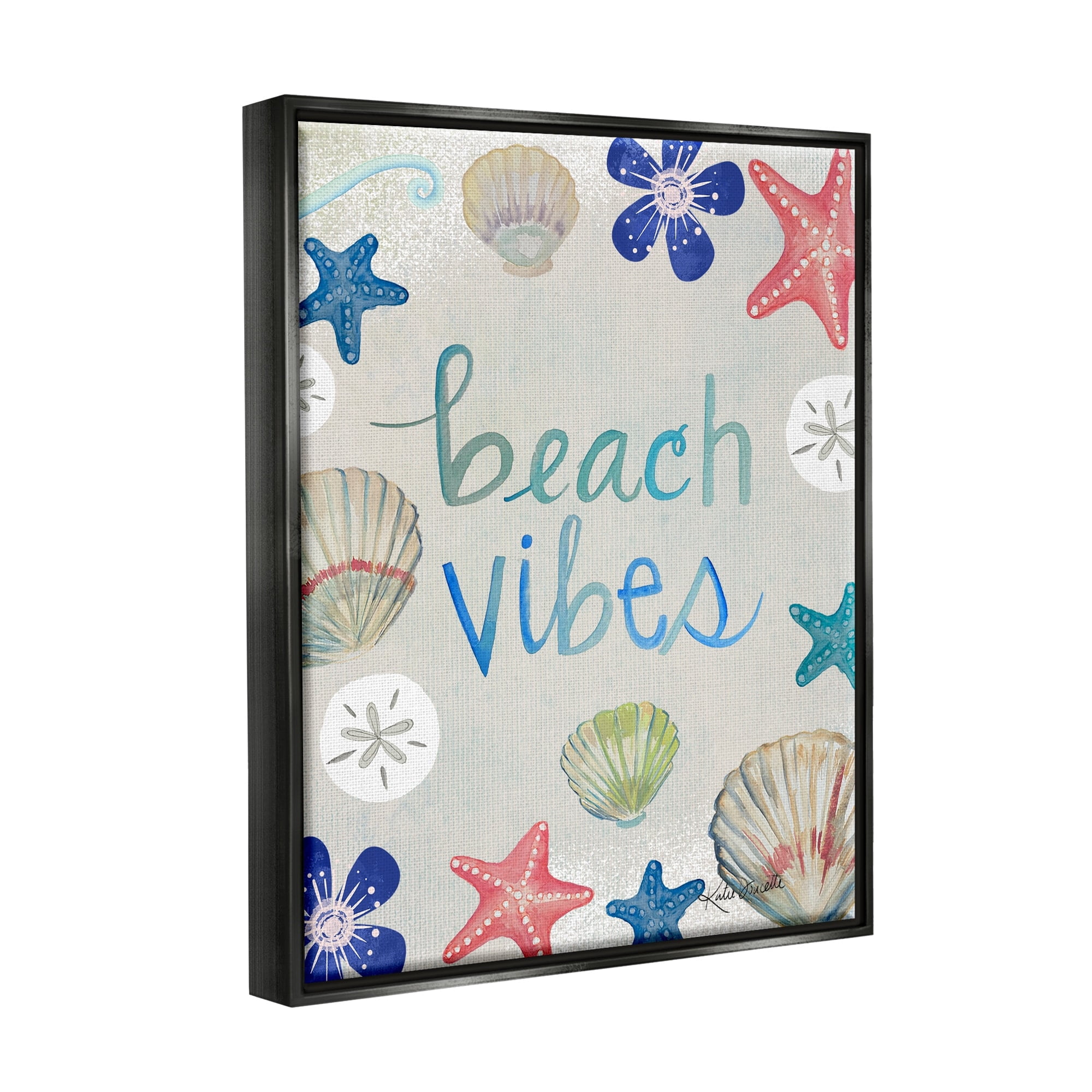 Stupell Industries Beach Vibes Calligraphy Nautical Seashell Flowers Graphic Art Jet Black Floating Framed Canvas Print Wall Art, Design by Katie Doucette