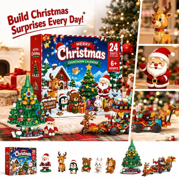 Christmas Building Blocks Advent Calendar 2026, 833 PCS 24‑Day Countdown Brick Toy Set, DIY Xmas Tree & Reindeer Sleigh with Animal Minifigures, Holiday Building Kit, Christmas Gift for Kids