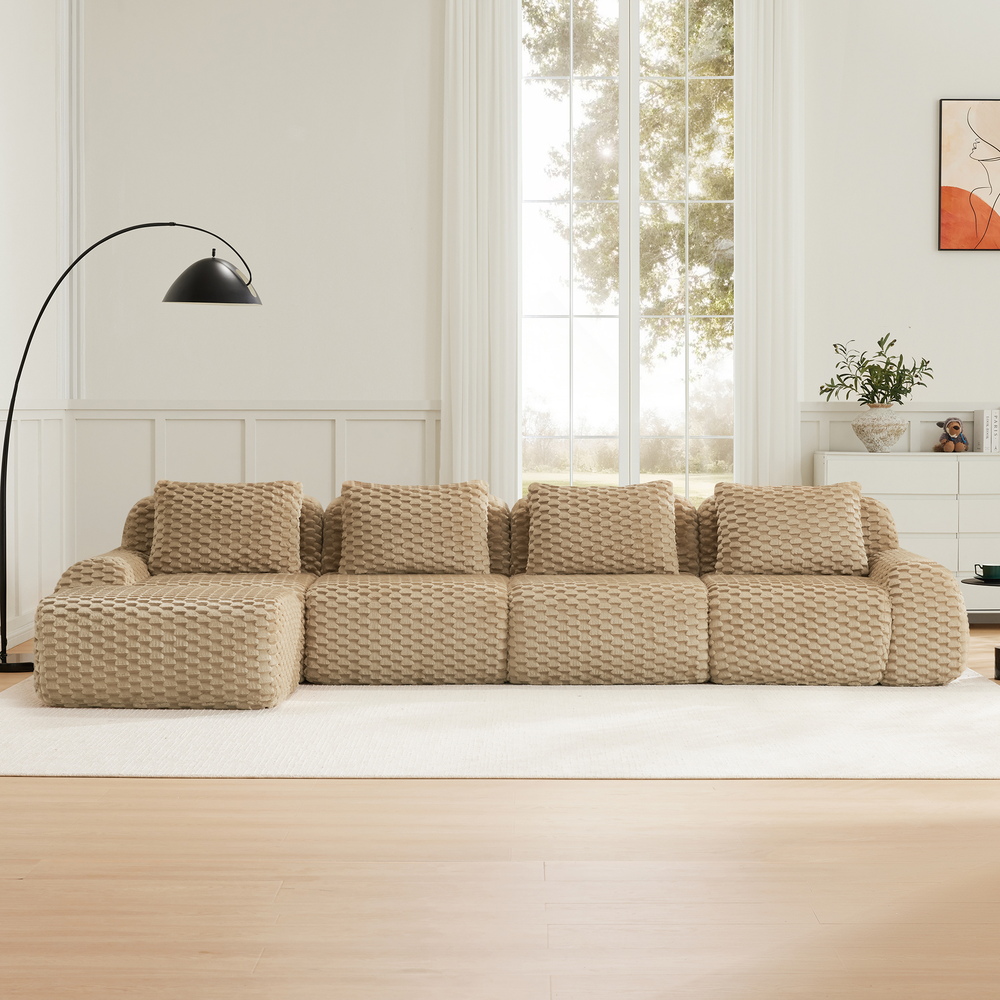 MAYEERTY 146" L-Shaped 4-Seater Modular Sofa, Textured Flannelette, Movable Ottoman, Boneless, No Assembly, Light Camel