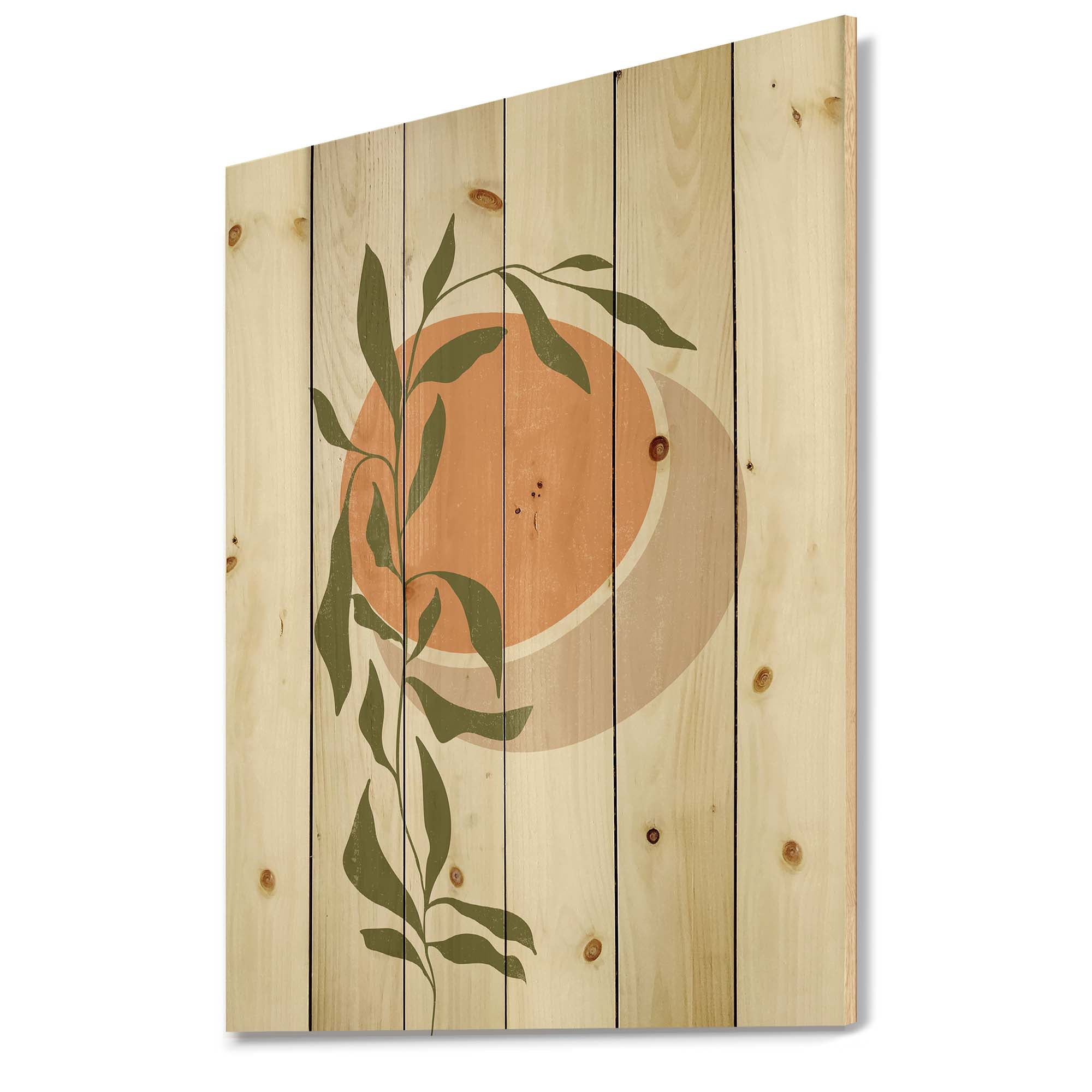 Designart 'Abstract Orange Moon and Sun With Tropical Leaf' Modern Print on Natural Pine Wood