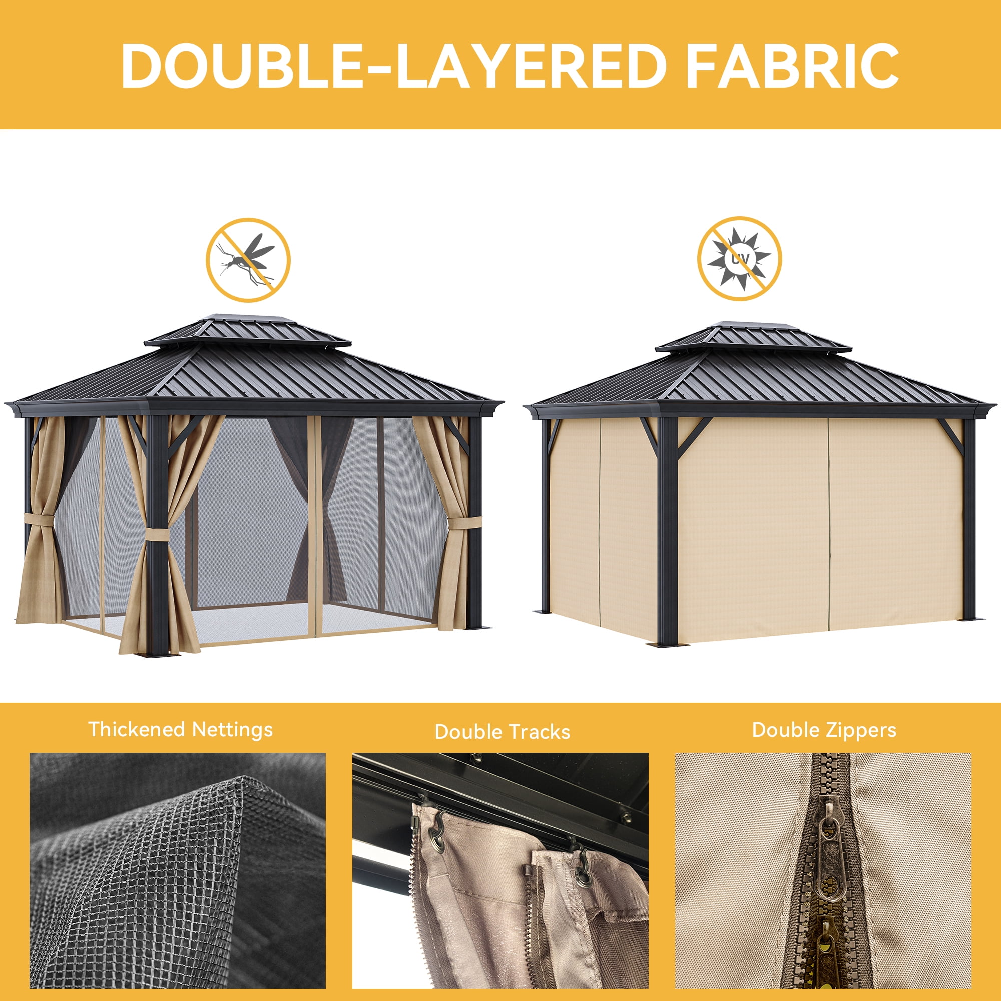 Uforic 10x12ft Hardtop Gazebo,Double Roof Galvanized Iron Aluminum Frame Gazebo W/ Netting and Brown Curtains