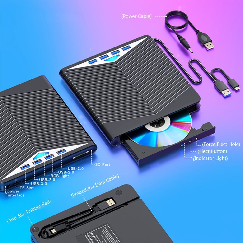 7 in 1 External Disc Reader Drive USB3.0 Type C Connect Fast Speed For Laptop