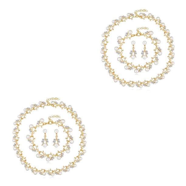 Qarigey de cristal de imitación de perlas de diamantes de imitación, collar ajustable clásico, pendientes, juegos de joyas de Tipo 1 2piezas