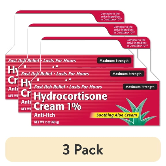(3 pack) Hydrocortisone Cream 1% with Soothing Aloe (2 Fl Oz) Fast-Acting Maximum Strength Anti-Itch Relief for Eczema, Psoriasis, Rashes, Hives, Bug Bites & Irritated Skin, Dye Free