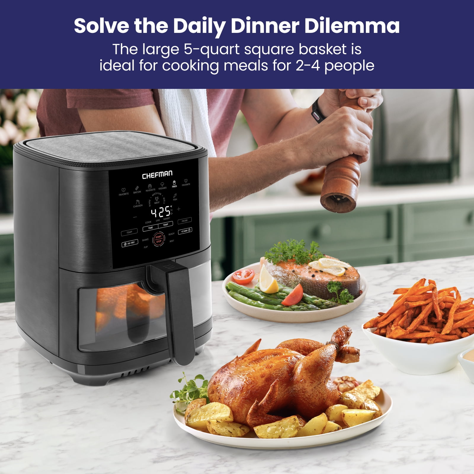 Chefman Air Fryer w/ Digital Touch Display, 5 Qt. Capacity, Windowed Basket - Black, New