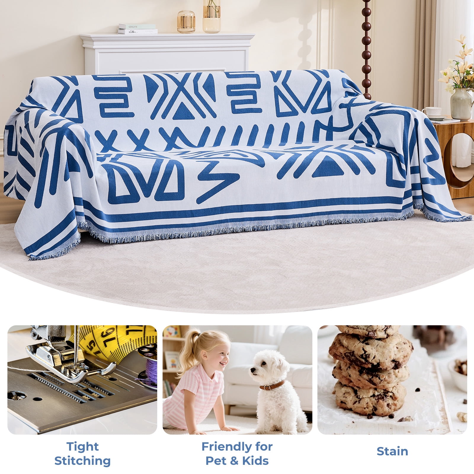 Sanmadrola Boho Sofa Cover Chenille Couch Covers Blanket Furniture Protector for Sectional Sofa, Anti Slip Couch Covers for 2 Cushion Couch, Washable Slipcover for Dog (Blue, 71"x102")
