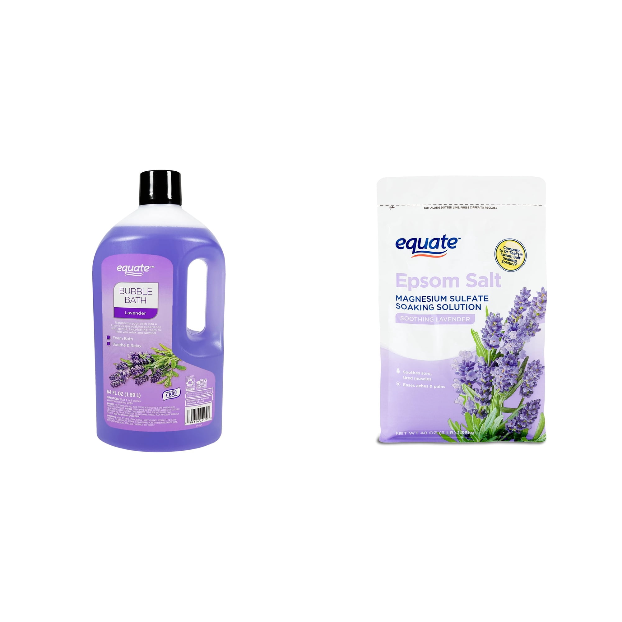 Equate Bubble Bath, Lavender & Equate Epsom Salt Soothing Lavender, 3 Lbs Bundle