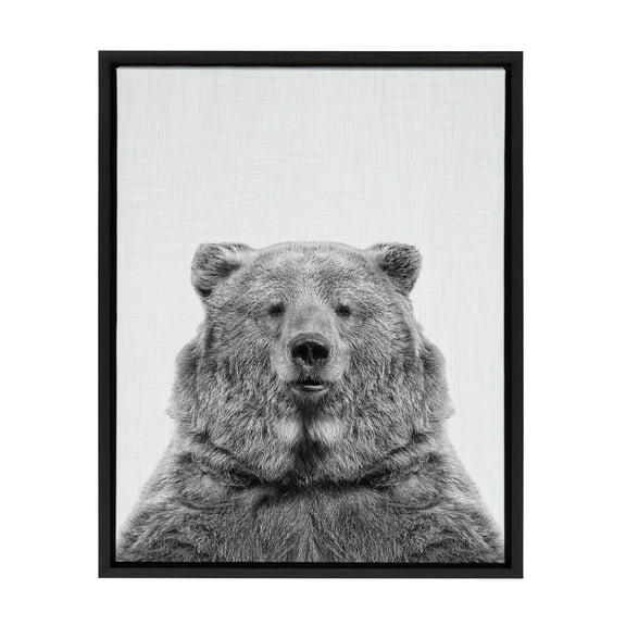 Kate and Laurel Sylvie Bear Animal Print Black and White Portrait Framed Canvas Wall Art by Simon Te Tai, 18x24 Black