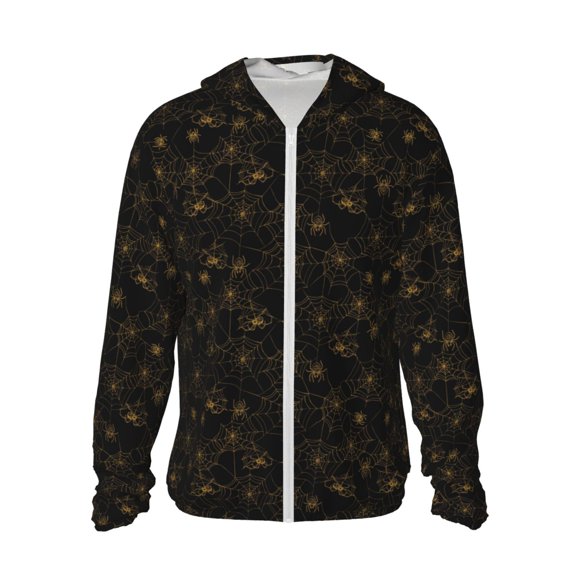 Saiise Gold Spiders And Cobwebs Pattern Sun Protection Hoodie for Men and Women, Lightweight Quick-Dry Windproof with Hood and Zip-Small