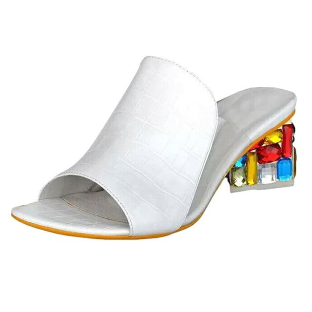 DAFEI Sandals for Women Chunky Heel Fish Mouth Slippers Fashionable Casual Rhinestone Leather Slingback Sandals