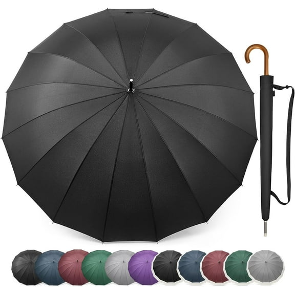 54 Inch Large Windproof Umbrella for 2 Persons, 16 Ribs Auto Open Classic Wooden J Handle Cane Stick Golf Rain Umbrellas for Men Women Travel 120cm
