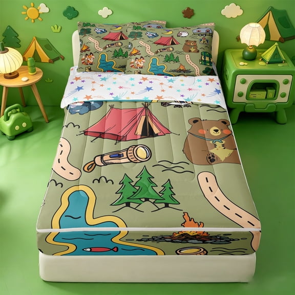 Erosebridal Wild Camping Zipper Twin Comforter Sets with Fitted Sheet and 2 Pillowcases,Animal Outdoor Print Zipper Bedding Set For Boys,Colorful Stars Reversible,4-Piece