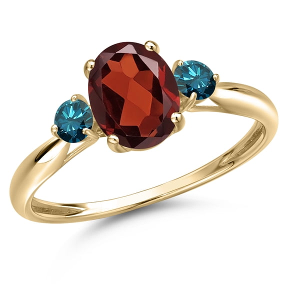 Gem Stone King 10K Yellow Gold Red Garnet and Blue Diamond 3-Stone Ring for Women | 1.70 Cttw | Oval 8X6MM | Gemstone January Birthstone | Size 9