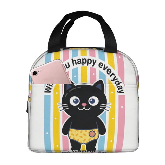 Black Cat Insulated Lunch Bag Reusable Lunch Box For Women Men Leakproof Thermal Meal Prep Tote With Front Pocket For Work Office Picnic Travel Beach